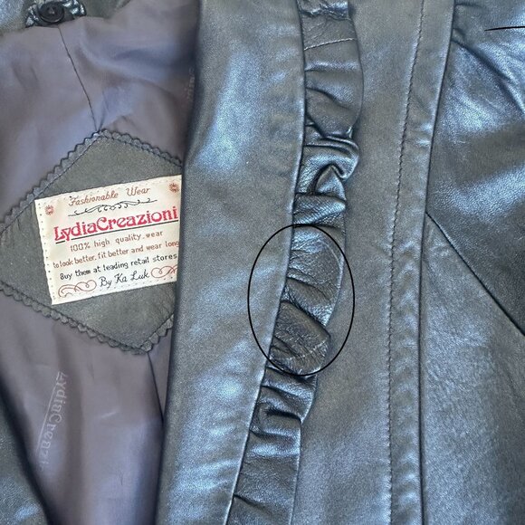 Vtg Lydia Creazioni By Ka Luk Gray Lamb Skin Leather Coat Size Ruffled Collar 1X - Picture 13 of 14